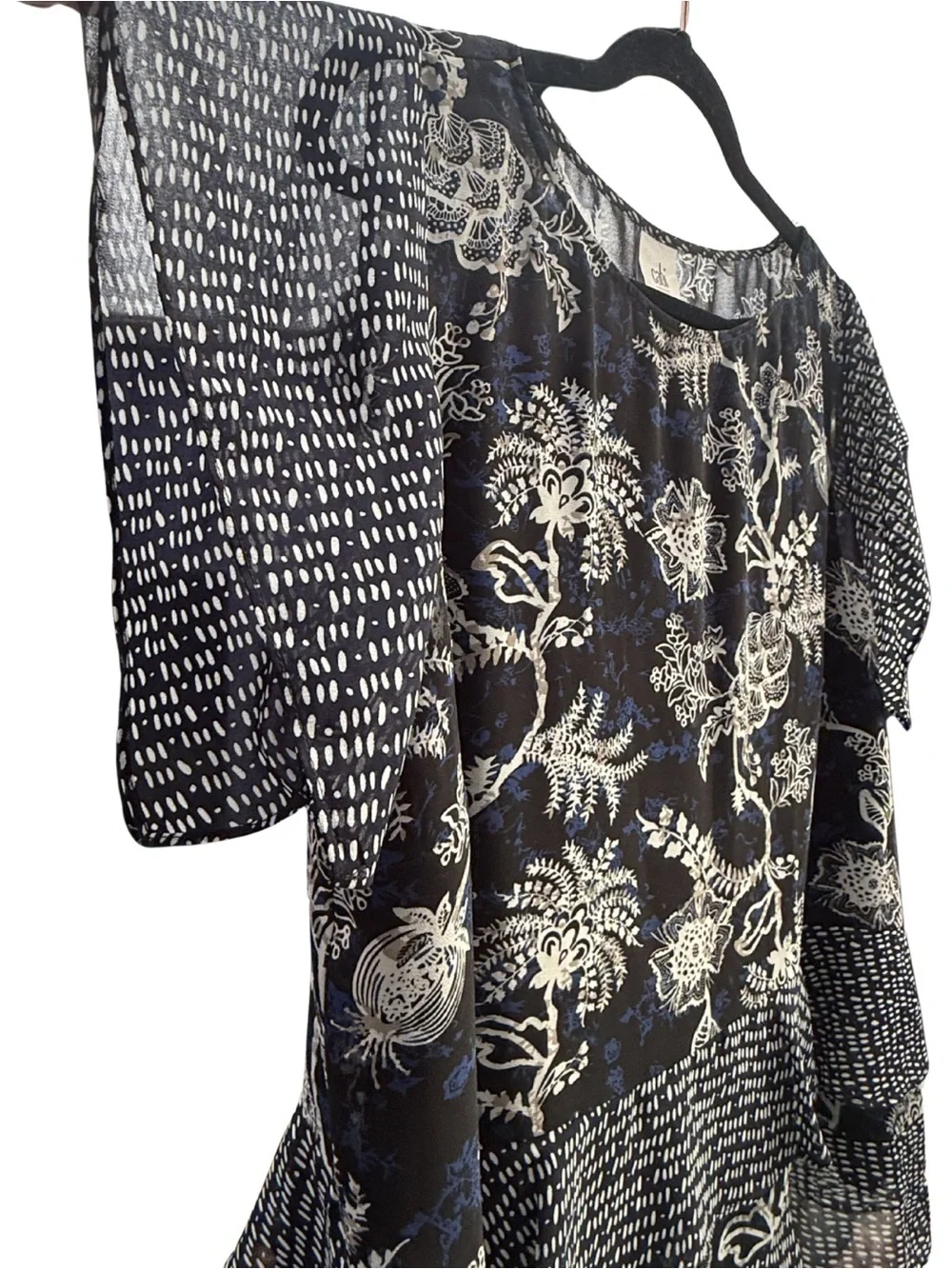 Cabi XL Navy Floral Ruffle Blouse Sheer Layered Top Boho - Picture 6 of 7